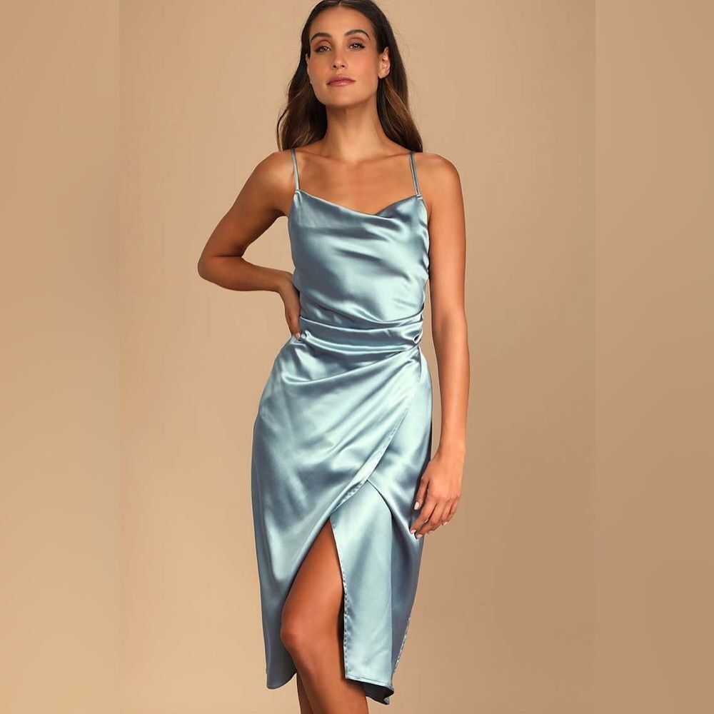 Lulus Hollywood Woman Dusty Blue Satin Midi Dress